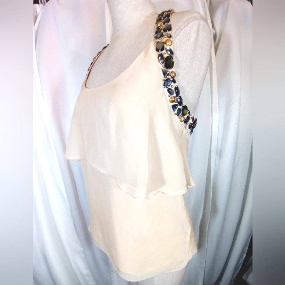 Sleeveless Top, Women Cream Embellish Beading, Cut-Out Shoulders, Sheer, S
